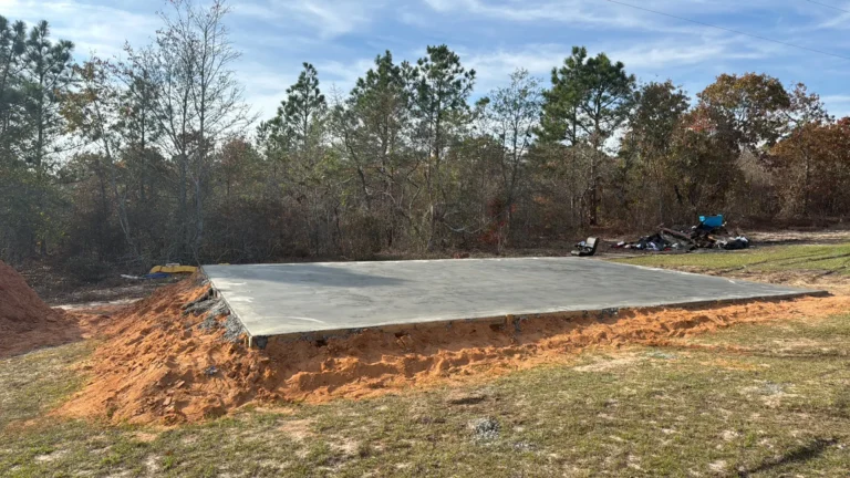 Concrete slab foundation on construction site
